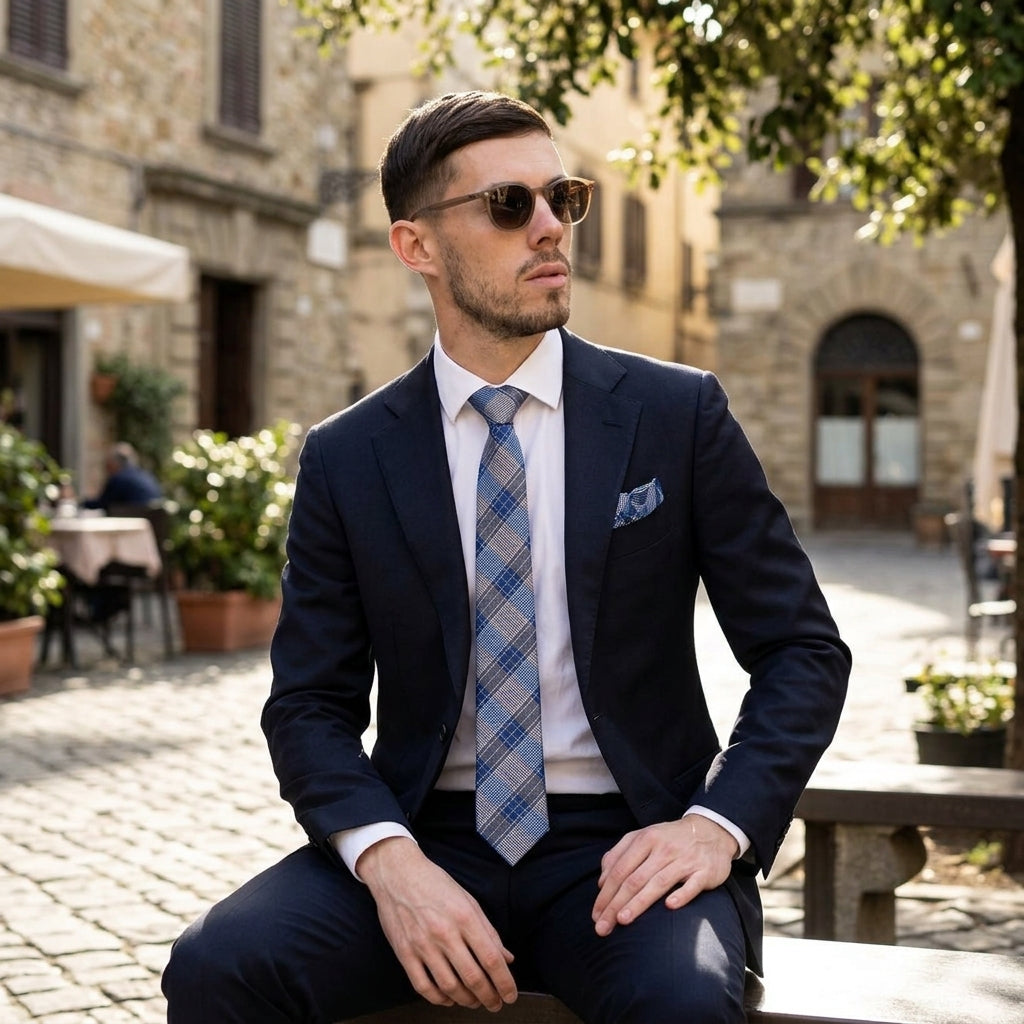 Blue and Grey Tie, Pocket Square & Cufflink Set - Blue Steel Set