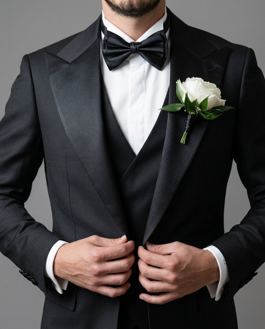 A man wearing a black tuxedo jacket with peak lapels, a black vest, a white dress shirt, a black bow tie, and a white rose boutonniere, against a solid gray background.