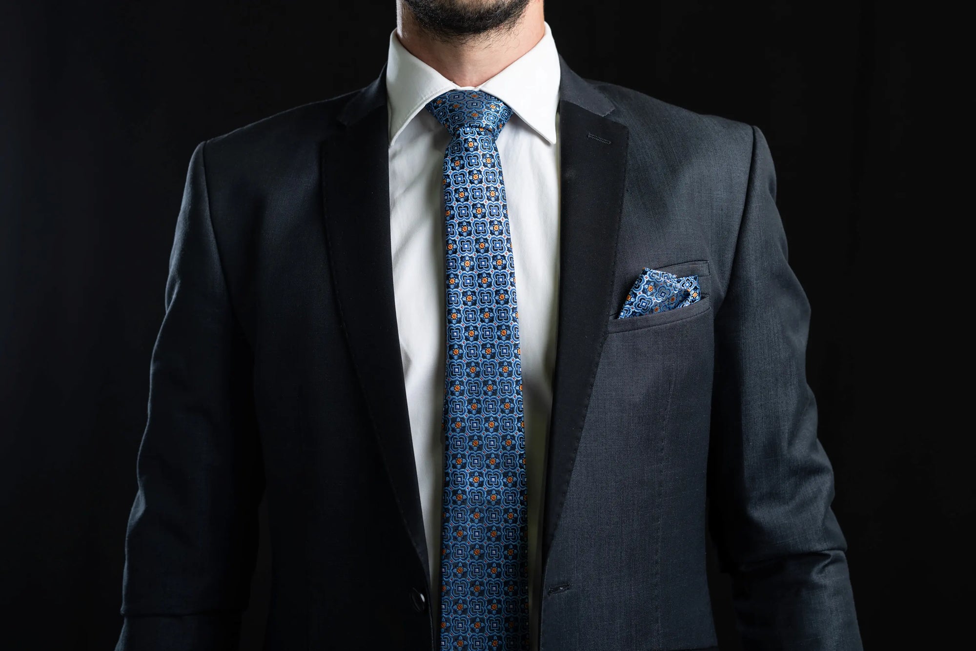 Blue Stained-Glass Window Tie, Pocket Square and Cufflinks Set