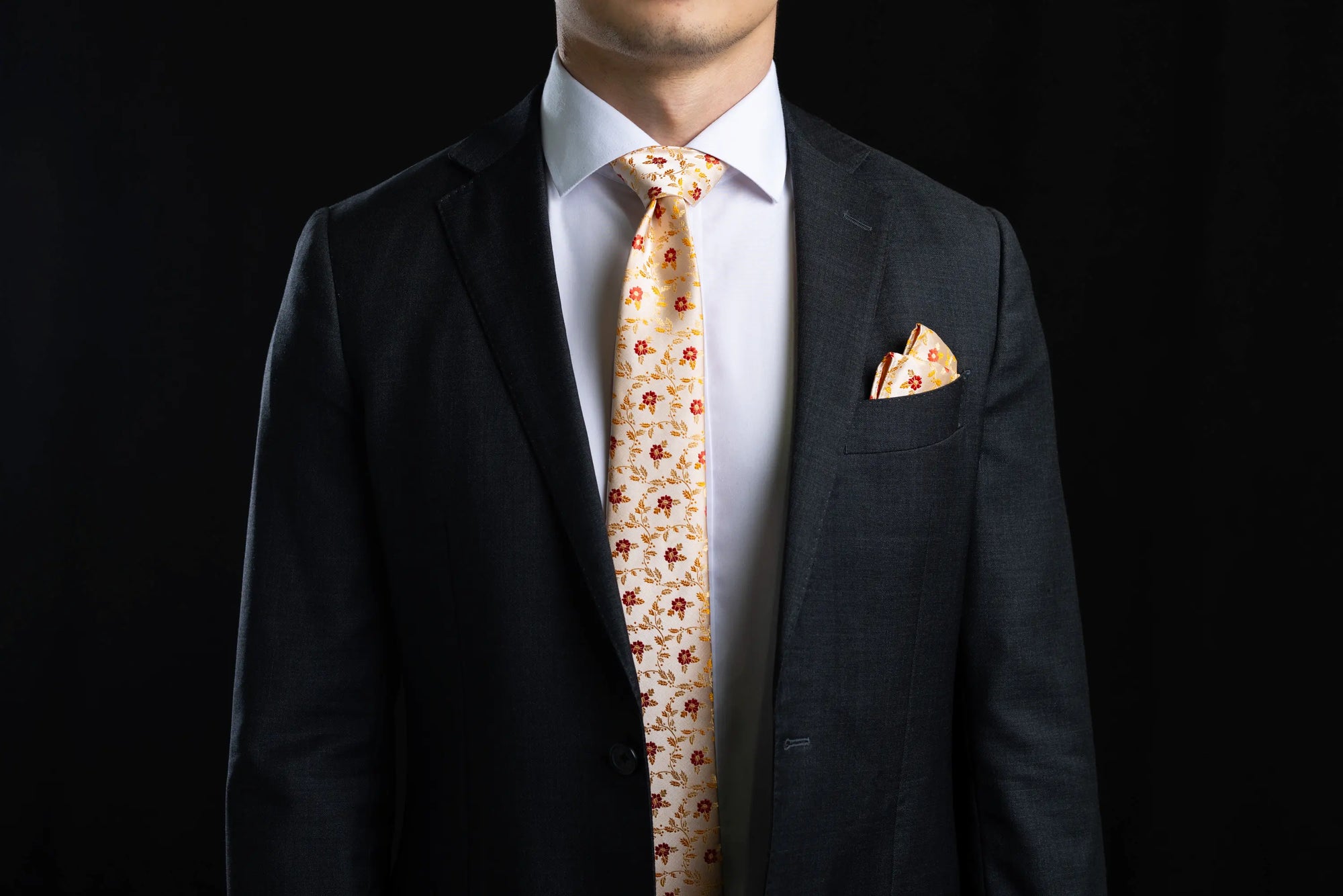 Crimson Bloom and Gold Leaf Tie, Pocket Square and Cufflinks Set