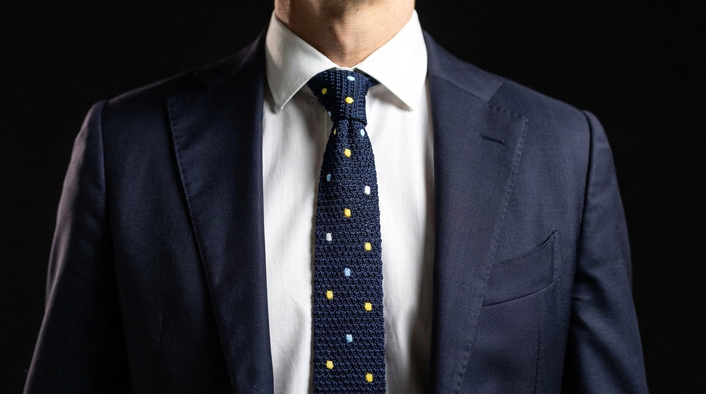 Navy Blue Knitted Tie - Navy Blue and Polka Dot Knitted Tie