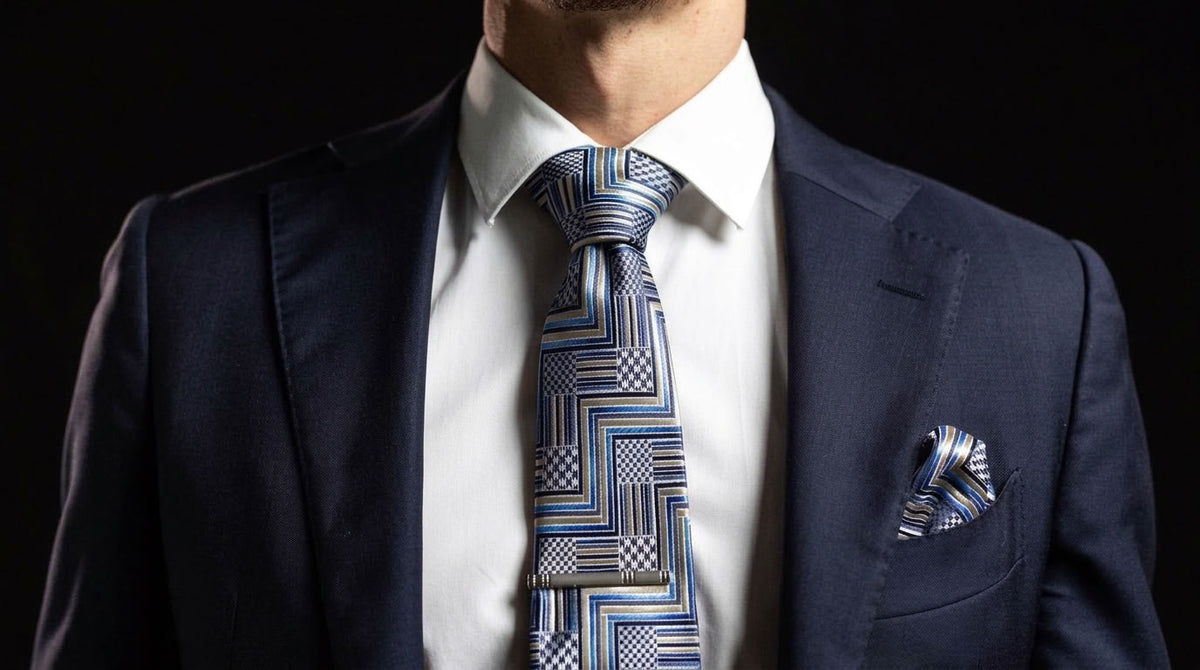 Blue and Gold Tie, Pocket Square & Cufflinks Set - Golden Horizon Set