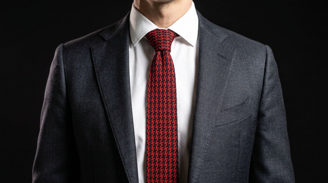 Red Knitted Tie - Ninja Star Nightfall Navy Blue and Red Houndstooth Knitted Tie